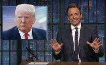 <p>Meyers, que se opuso a que Donald Trump fuera a su Late Night, continuó con los dardos en contra del candidato. Bromeó en junio: “Donald, hoy es tu día de suerte. Si te quedas fuera de la carrera presidencial en cualquier momento entre ahora y el comienzo de la convención republicana el 18 de julio, NBC le otorgará una serie con guión de 13 episodios en el que jugaría a ser Presidente de los Estados Unidos de América. Ahora quiero ser claro, no he hecho circular esto entre la gente de la cadena, pero si ponen nuestro programa cada noche, así que no puedo imaginar que vayan a decirle que no al suyo. No son exigentes…mucho de lo que quieres hacer es imposible en el mundo real, pero en la televisión, sólo tenemos que construir una pequeña parte de la pared, y podemos digitalizar el resto”.</p>