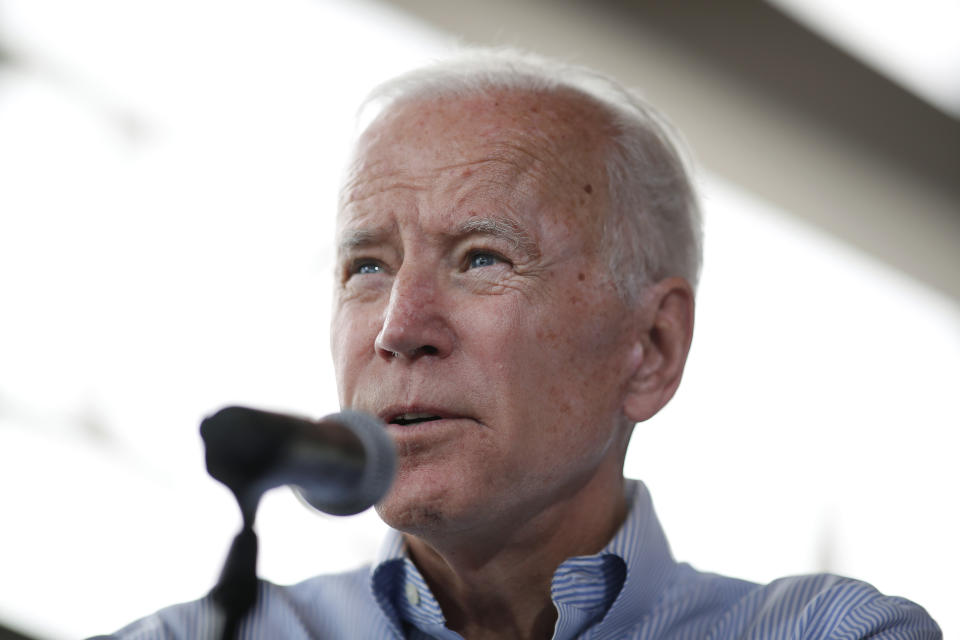 Former Vice President Joe Biden speaks during a town hall meeting in Ottumwa, Iowa, on Tuesday. (AP Photo/Matthew Putney)