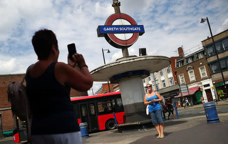 Southgate Underground Station roundel, temporarily renamed as 'Gareth Southgate' in honour of England soccer team manager Gareth Southgate, is seen in London, Britain July 16, 2018. REUTERS/Hannah McKay
