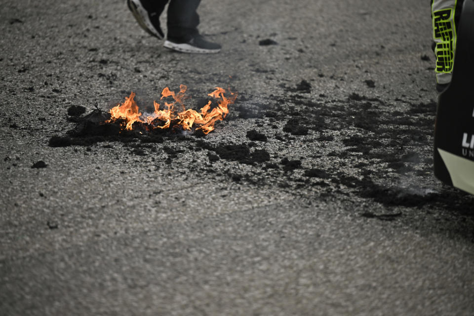 Rubber from the tires of William Byron’s race car burns on the track after his win in a NASCAR Cup Series auto race on Sunday, March 24, 2024, at Circuit of the Americas in Austin, Texas. (AP Photo/Darren Abate)