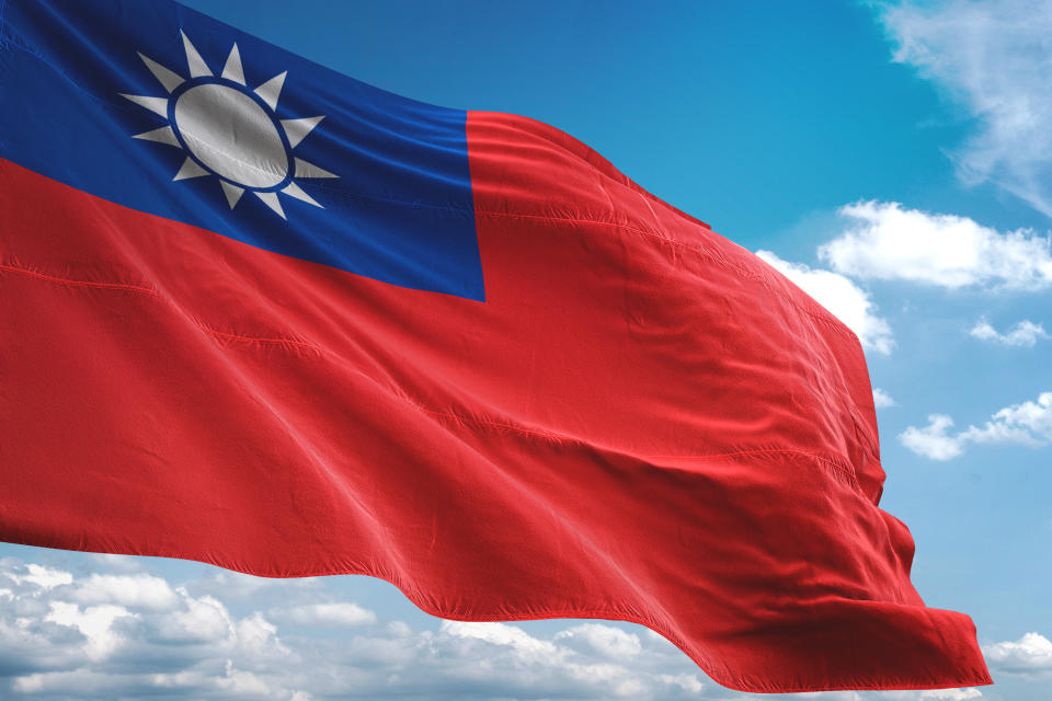 Taiwan flag waving cloudy sky background realistic 3d illustration