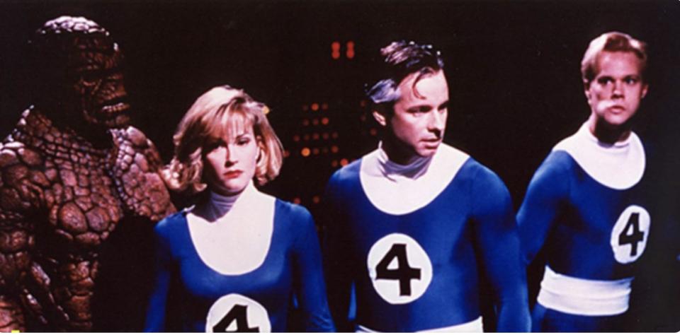 The cast of the original Fantastic Four in budget costumes