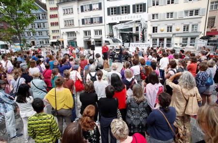 City councilwoman Rykart gives a speech the participants of the women's strike in Zurich