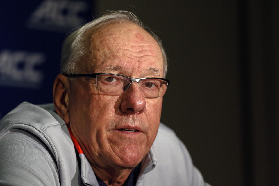 Syracuse coach Jim Boeheim answers a question during the Atlantic Coast Conference NCAA college basketball media day in Charlotte, N.C., Tuesday, Oct. 8, 2019. (AP Photo/Nell Redmond)