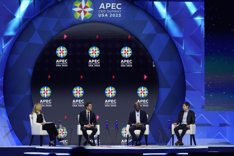 From left; moderator Laurene Powell-Jobs, Founder and Chair, Emerson Collective, Chris Cox, CPO, Meta, James Manyika, SVP of Research, Technology & Society, Google, and Sam Altman, CEO, OpenAI, participate in a discussion entitled "Charting the Path Forward: The Future of Artificial Intelligence" during the Asia-Pacific Economic Cooperation (APEC) CEO Summit Thursday, Nov. 16, 2023, in San Francisco. (AP Photo/Eric Risberg)