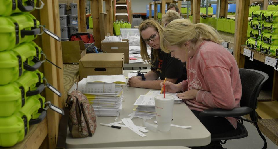 Workers process absentee ballots at the Board of Elections office following the 2020 election.