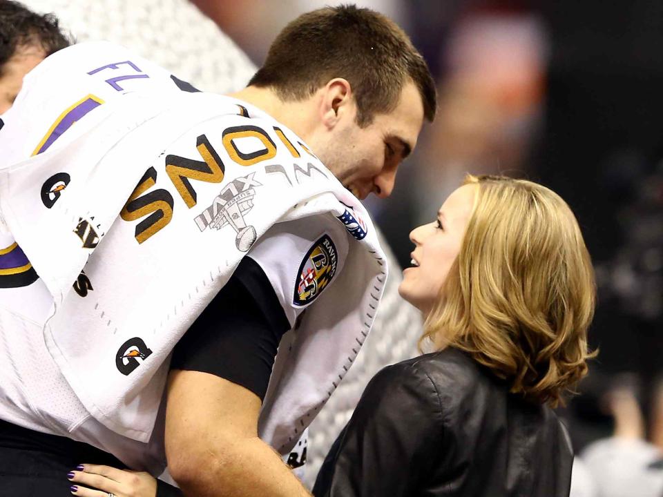 <p>Al Bello/Getty</p> Joe Flacco and his wife Dana Flacco after the Ravens won 34-31 against the San Francisco 49ers during Super Bowl XLVII on Feb. 3, 2013 in New Orleans, Louisiana. 