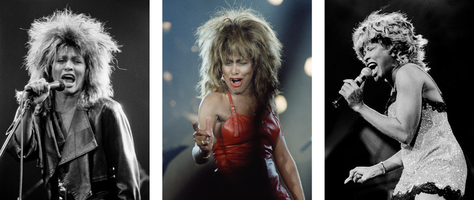 Image: Tina Turner performs during her Private Dancer tour in 1985; Turner during her Break Every Rule tour in 1987; and Turner sings during a performance in 1997. (Getty Images file)