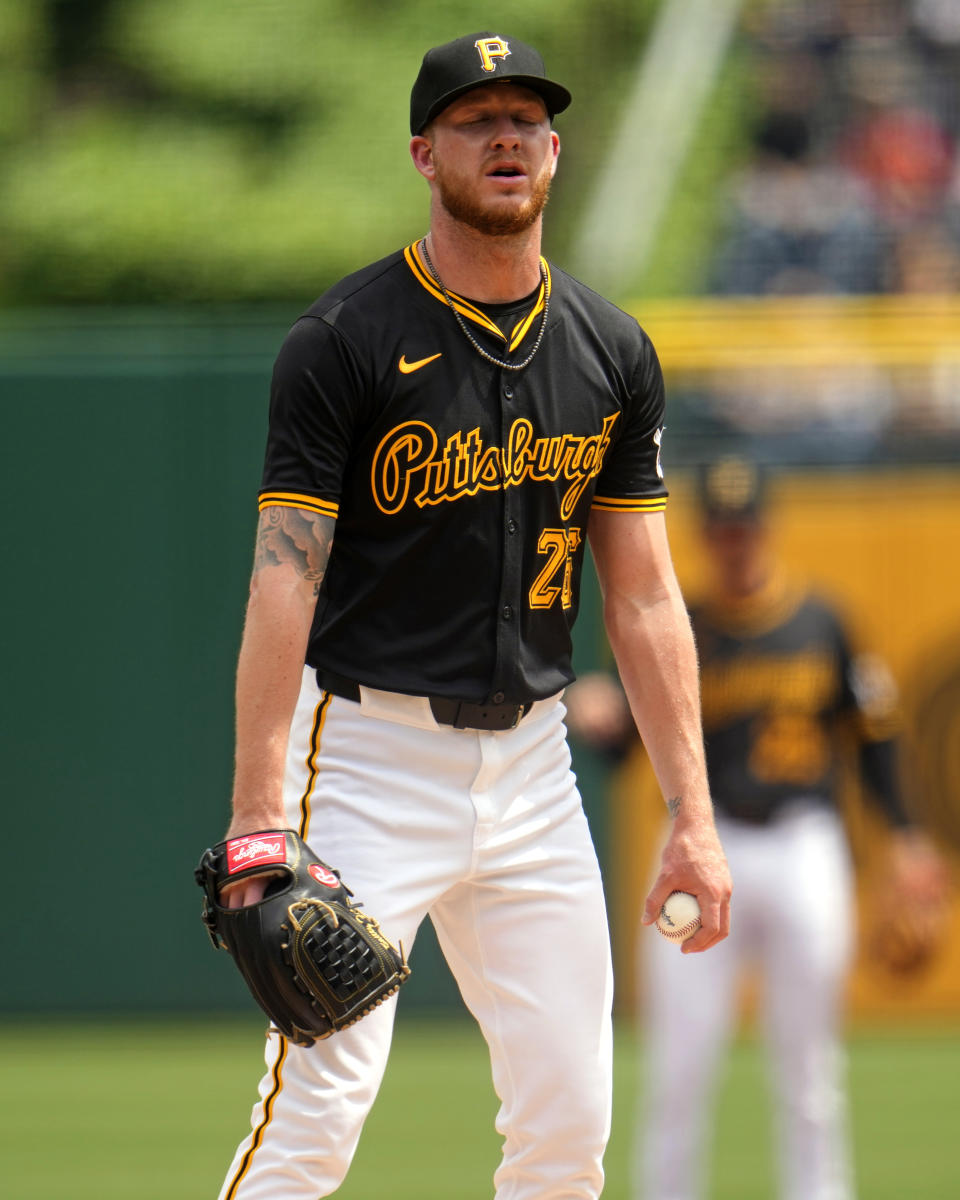 Pittsburgh Pirates starting pitcher Bailey Falter pauses on the mound after giving up back-to-back home runs during the second inning of a baseball game against the Colorado Rockies in Pittsburgh, Sunday, May 5, 2024. (AP Photo/Gene J. Puskar)