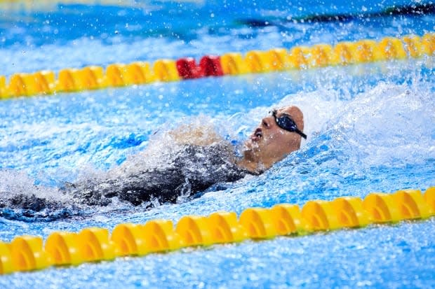 Canada's Kylie Masse posted a time of 56.52 seconds to win the women's 100-metre backstroke in the first match of the third ISL season on Friday in Naples, Italy.  (Justin Casterline/Getty Images - image credit)