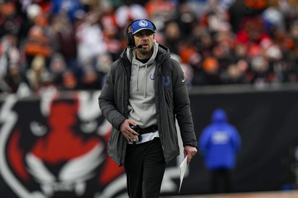 Indianapolis Colts head coach Shane Steichen walks to the sideline in the first half of an NFL football game against the Cincinnati Bengals in Cincinnati, Sunday, Dec. 10, 2023. (AP Photo/Carolyn Kaster)