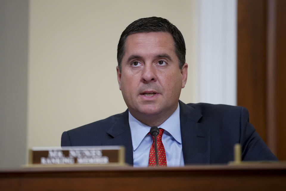 FILE - U.S. Rep. Devin Nunes, R-Calif., speaks during a House Intelligence Committee hearing on Capitol Hill in Washington, Thursday, April 15, 2021. Voters in California's sprawling farm belt are filling a congressional seat left vacant after Nunes resigned to lead former President Donald Trump's media company. (Al Drago/Pool Photo via AP, File)