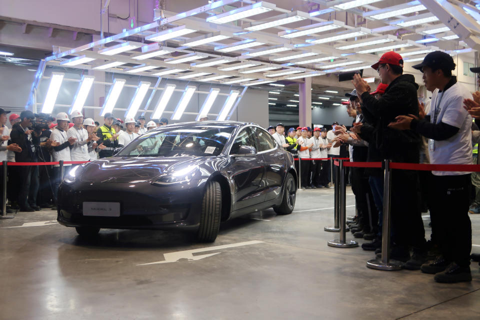 A China-made Tesla Model 3 vehicle is seen at a delivery ceremony in the Shanghai Gigafactory of the U.S. electric car maker in Shanghai, China December 30, 2019.  REUTERS/Yilei Sun