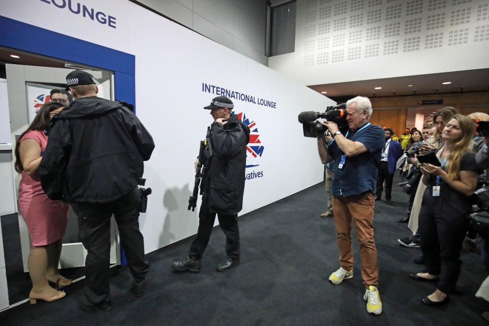 Police attend the Conservative Party Conference after a "small misunderstanding" when an attendee, believed to be Sir Geoffrey Clifton-Brown, MP for The Cotswolds, tried to enter the International Lounge at the Manchester Convention Centre without the relevant pass, triggering a lockdown. (Photo by Danny Lawson/PA Images via Getty Images)