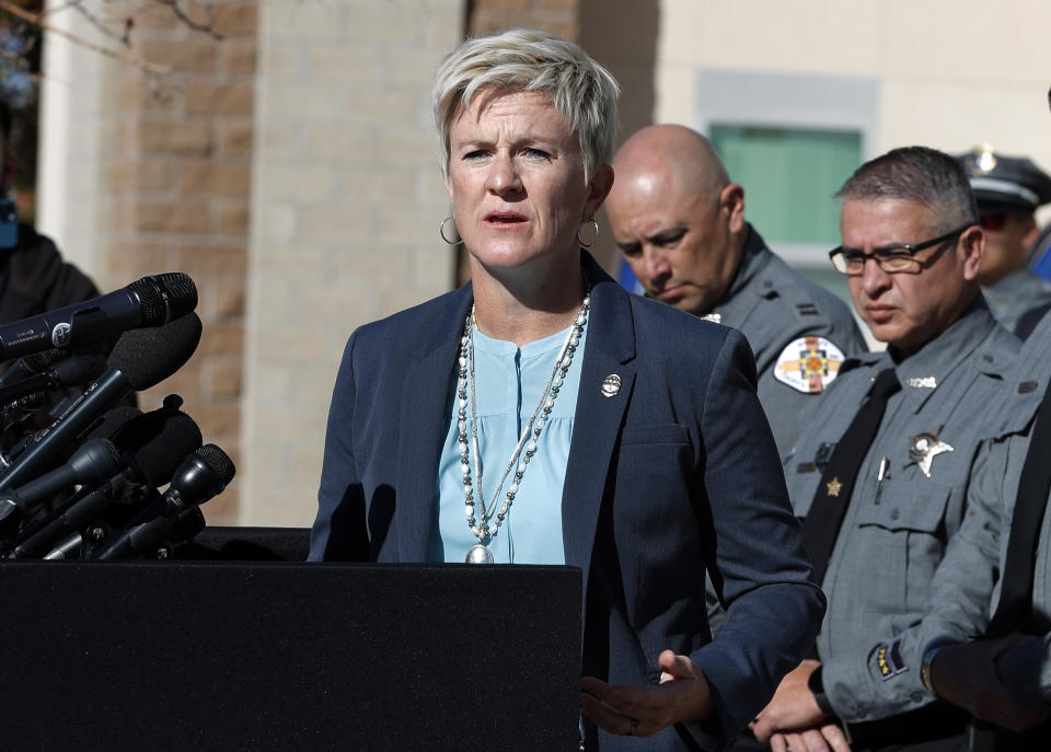 FILE - Santa Fe District Attorney Mary Carmack-Altwies speaks during a news conference in Santa Fe, N.M., Wednesday, Oct. 27, 2021. Carmack-Altwies is prepared to announce whether to press charges in the fatal 2021 film-set shooting of a cinematographer by actor Alec Baldwin during a rehearsal on the set of the Western movie “Rust.” Carmack-Altwies said a decision will be announced Thursday morning, Jan. 19, 2022, in a statement and on social media platforms. (AP Photo/Andres Leighton, File)