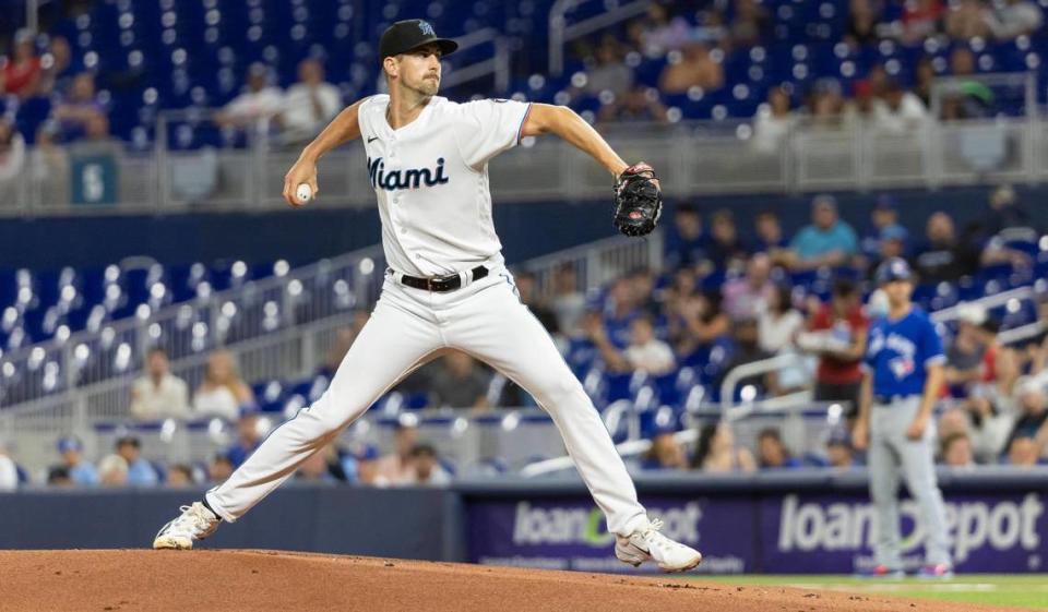 Miami Marlins starting pitcher Bryan Hoeing (78) pitches against the Toronto Blue Jays in the first inning of an MLB game at loanDepot park on Monday, June 19, 2023, in Miami, Fla.