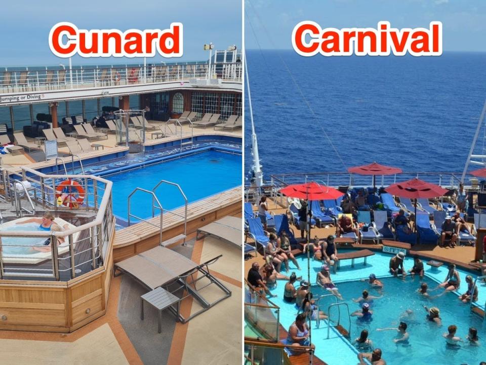 The pools were typically empty on the Queen Eilizabeth. On the Carnival Vista, passengers embraced crowds.