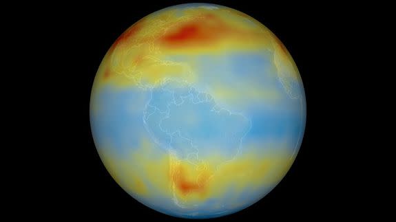 Higher CO2 concentrations swirling around Earth (shown by yellows and reds).