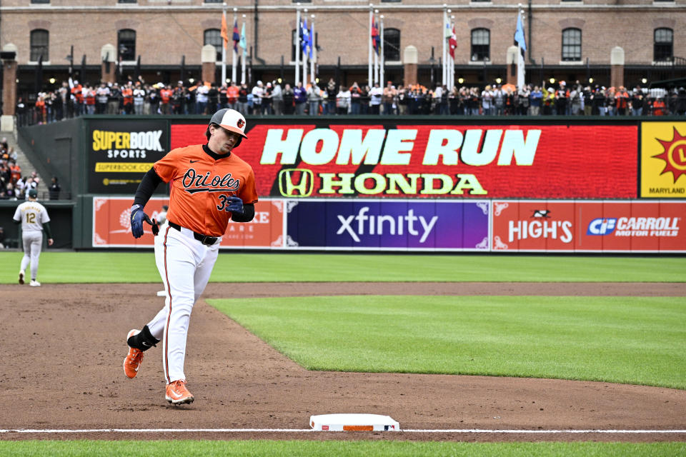 Baltimore Orioles' Adley Rutschman (35) rounds the bases on his home run during the fifth inning of a baseball game against the Oakland Athletics, Saturday, April 27, 2024, in Baltimore. (AP Photo/Nick Wass)