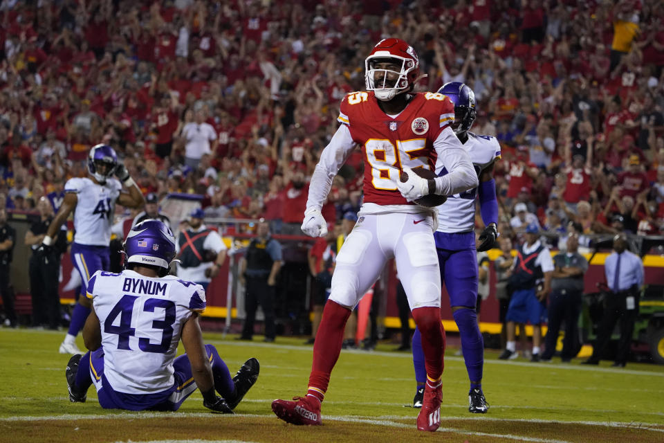 Kansas City Chiefs wide receiver Marcus Kemp celebrates after catching a touchdown pass during the first half of an NFL football game against the Minnesota Vikings Friday, Aug. 27, 2021, in Kansas City, Mo. (AP Photo/Ed Zurga)