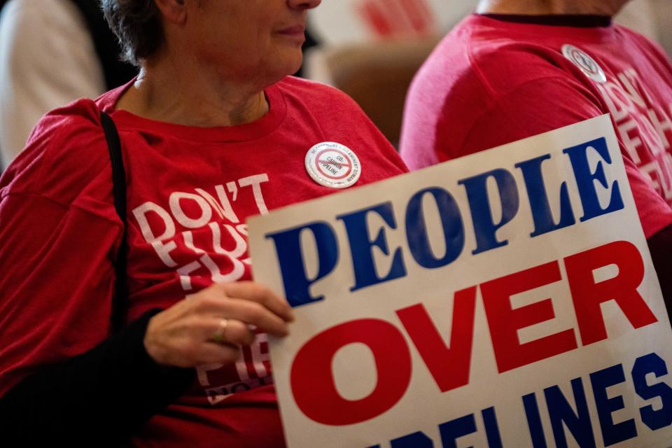 Iowans attend a rally against carbon capture pipelines and the use of eminent domain Wednesday, Jan. 10, 2024, at the Iowa State Capitol.