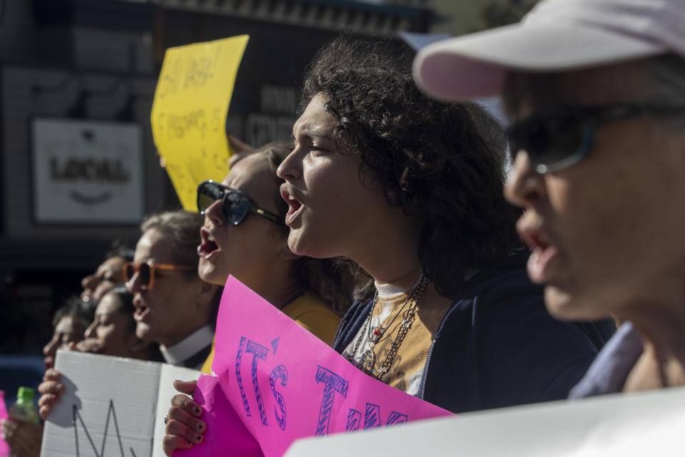 Abortion rights protesters chant slogans during a gathering on June 24, 2022 in Jackson Hole, Wyoming, to protest the Supreme Court's decision in the Dobbs v. Jackson case. The state of Wyoming has a trigger law in place that will ban most abortions in the state in response to the overturning of Roe v. Wade. / Credit: Natalie Behring/Getty Images