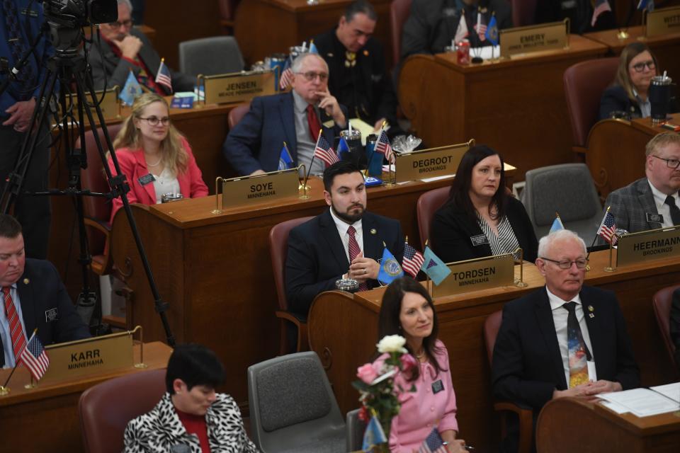 Bethany Soye, R-Sioux Falls, in the far left-hand corner listens to Gov. Kristi Noem give the State of the State speech on Tuesday, Jan. 9, 2024 at the South Dakota State Capitol in Pierre.