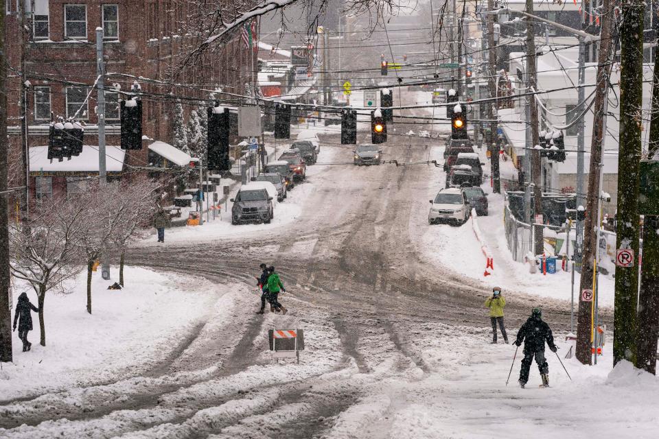 A skier makes their way down a hill on February 13, 2021 in Seattle, Washington.