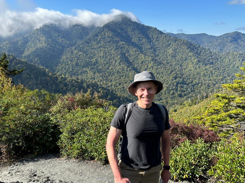 Jim Ward hiking on the Alum Cave Trail to Mount LeConte in the Great Smoky Mountains National Park.