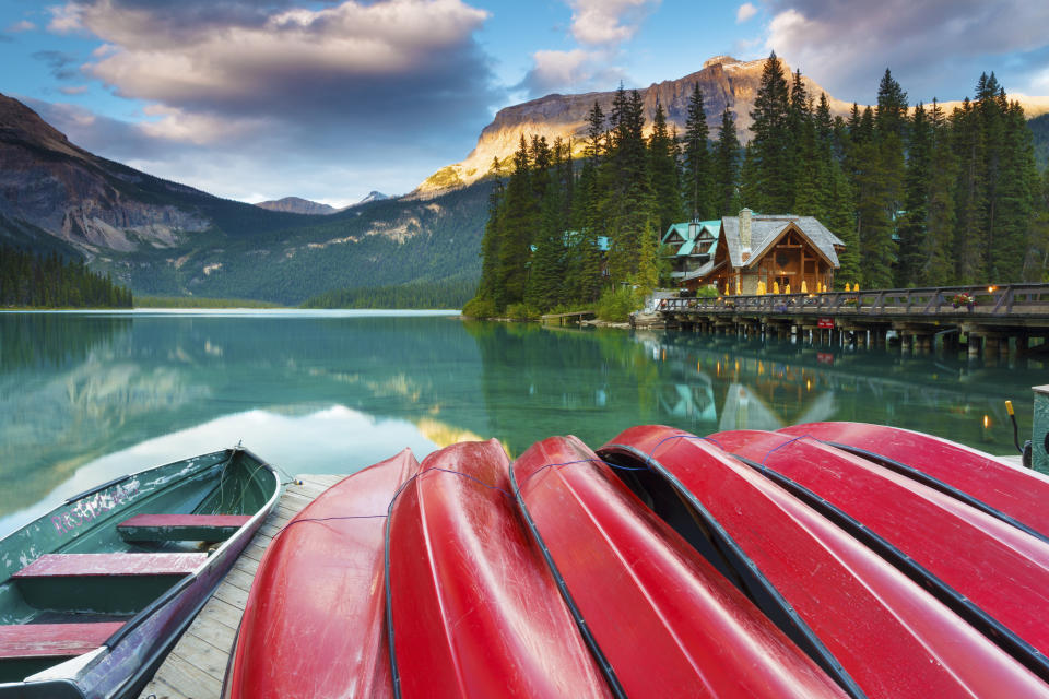 Late summer afternoon at Emerald Lake in Yoho National Park, British Columbia, Canada. Emerald Lake is a major tourism destination in the Canadian Rockies.