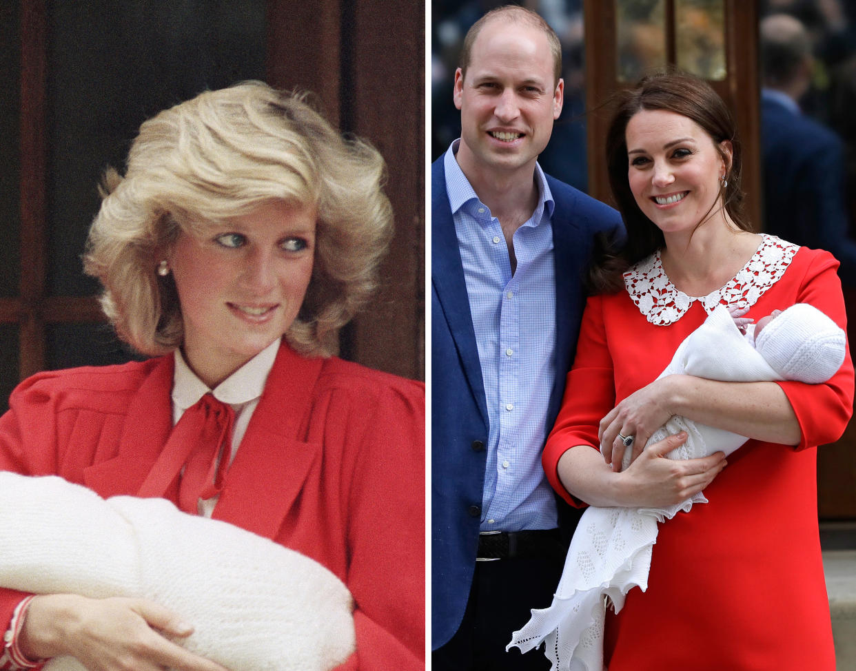 Prinzessin Diana trug 1984 nach der Geburt von Prinz Harry ein rotes Kleid. Herzogin Kates Kleid, das sie gestern nach ihrer Geburt zeigte, deuten viele als eine Hommage an ihre verstorbene Schwiegermutter. (Bild: AP Photo/Kirsty Wigglesworth)