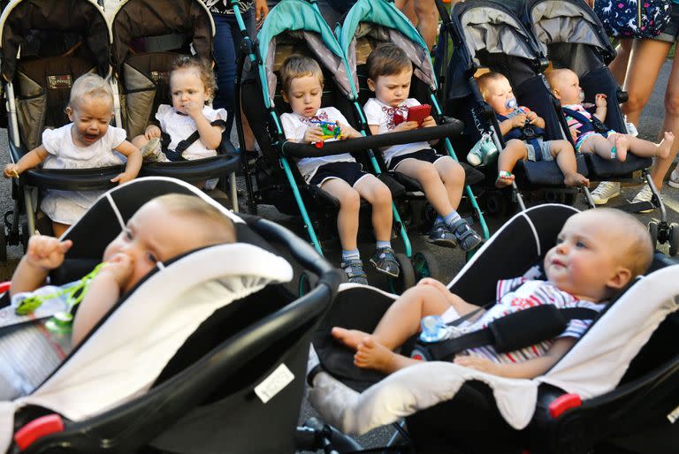 En esta foto de archivo tomada el 11 de agosto de 2018, gemelos y los trillizos se sientan en su cochecito cuando llegan al Festival de los gemelos para niños, en Kiev.