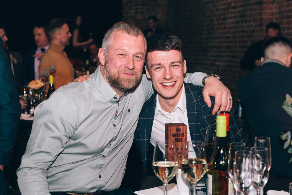 Morgan is pictured with his father at the Movember awards. The student initially kept the health scare from his parents while they celebrated their 25th wedding anniversary in New York. (Supplied: Movember)