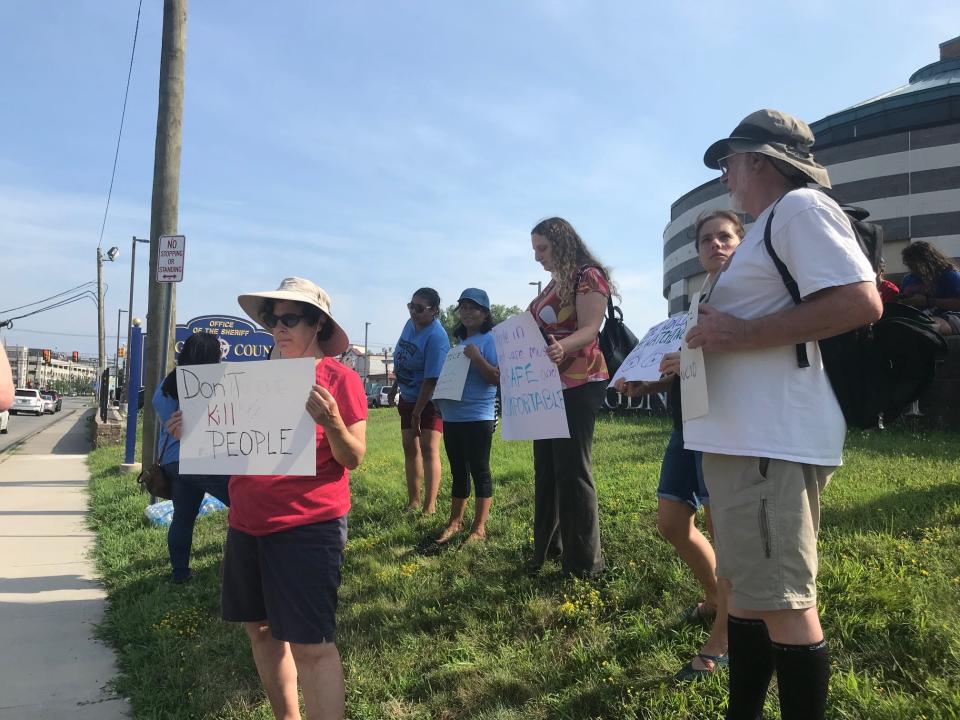 Protesters outside the Bergen County Jail in Hackensack on Saturday demanding air conditioners be fixed as a heatwave hits the area.
