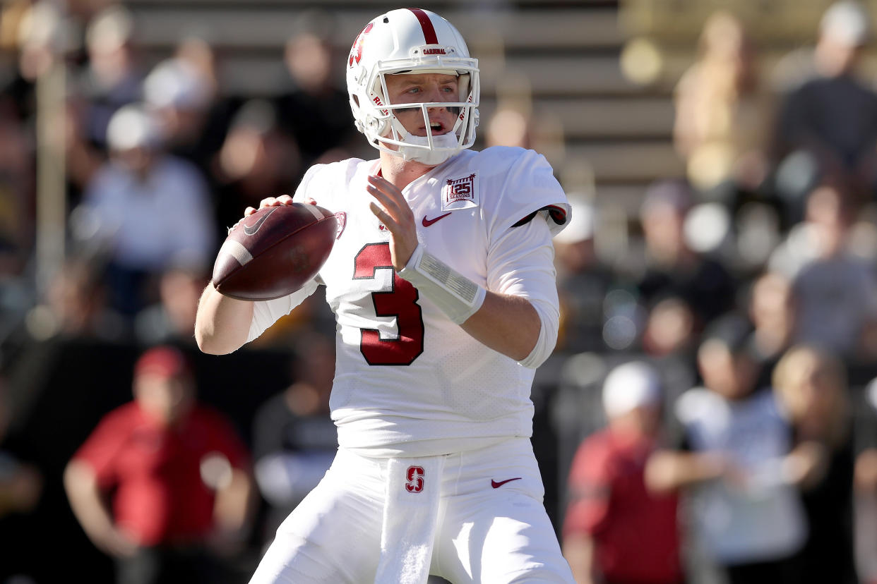 BOULDER, COLORADO - NOVEMBER 09: Quarterback K.J. Costello #3 of Stanford Cardinal throws against the Colorado Buffaloes in the first quarter at Folsom Field on November 09, 2019 in Boulder, Colorado. (Photo by Matthew Stockman/Getty Images)