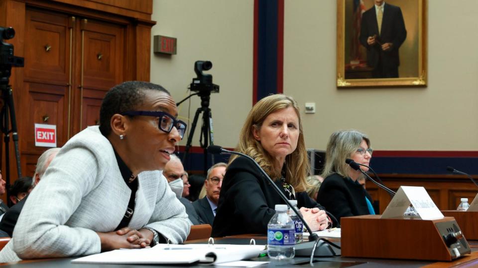 PHOTO: Harvard President Claudine Gay, left, University of Pennsylvania President Liz Magill, center, and Massachusetts Institute of Technology President Sally Kornbluth listen in a hearing of the House Committee on Education, Dec. 5, 2023, in Washington. (Kevin Dietsch/Getty Images)