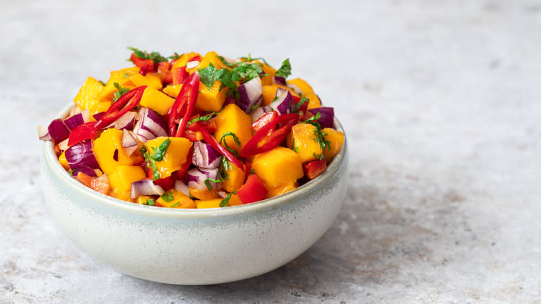 fruit salsa in white bowl