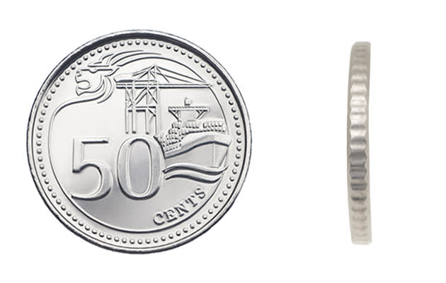 The 50-cent coin is made of multi-ply nickel plated steel, has a micro-scalloped edge, and has a diameter of 23mm and a thickness of 2.45mm. The back design features the Port of Singapore – one of the busiest in the world. (MAS Photo)