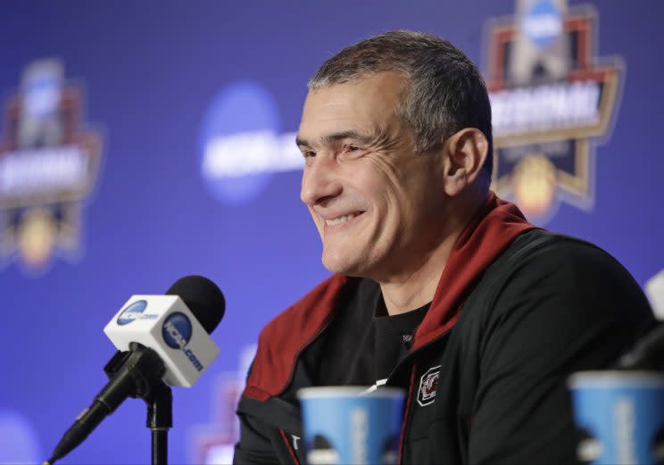 South Carolina head coach Frank Martin smiles while speaking during a news conference Saturday, March 25, 2017, in New York. South Carolina plays Florida in the East Regional final of the NCAA college basketball tournament on Sunday. (AP Photo/Frank Franklin II)