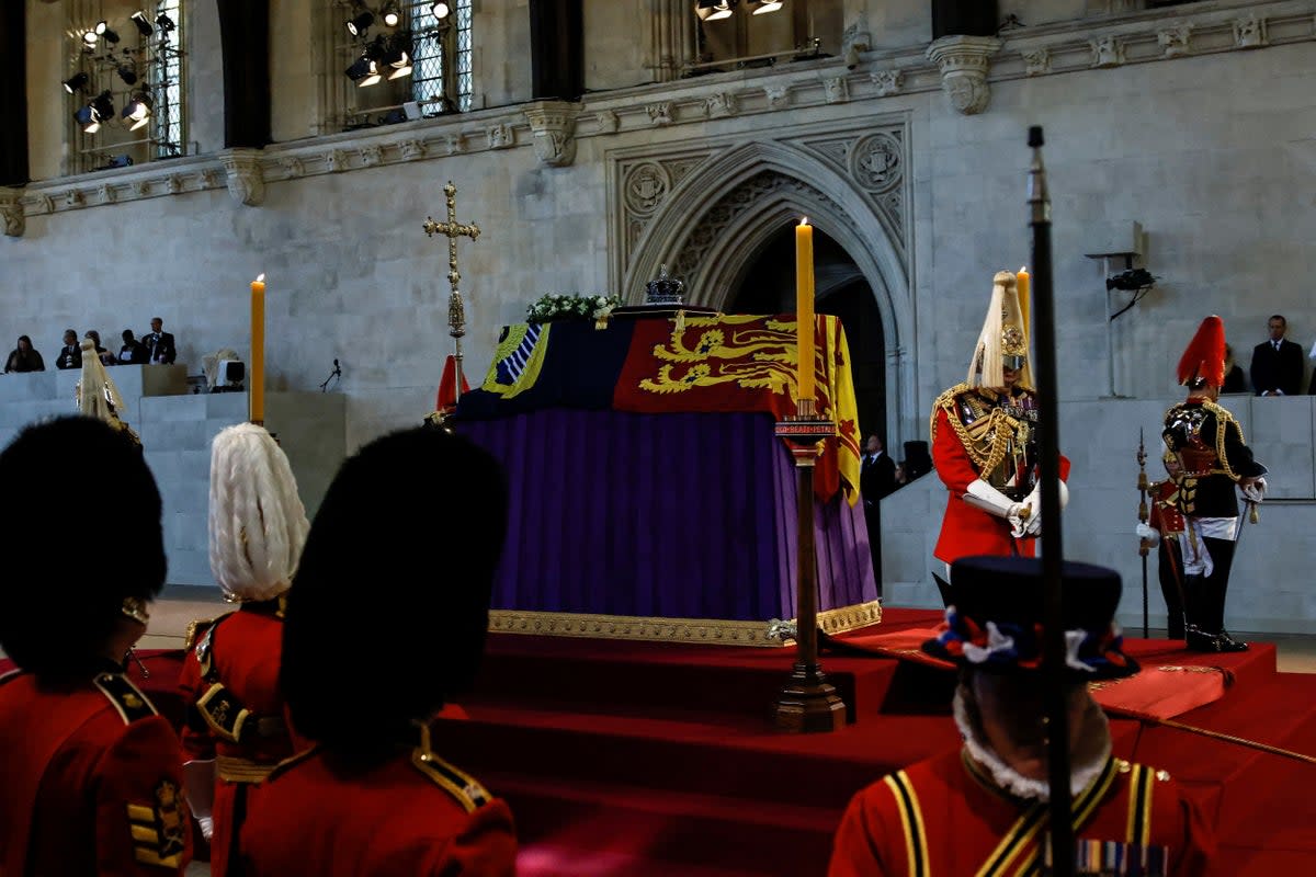 The coffin of the Queen lies on the catafalque in Westminster Hall (/PA) (PA Wire)