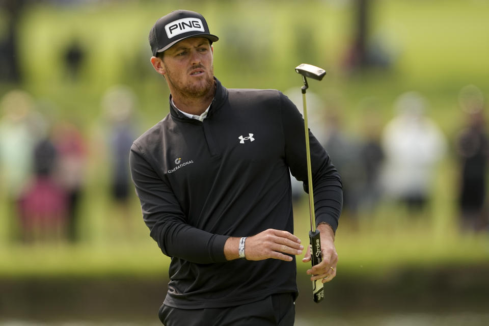 FILE - Mito Pereira, of Chile, reacts after missing a putt on the 11th hole during the final round of the PGA Championship golf tournament at Southern Hills Country Club, Sunday, May 22, 2022, in Tulsa, Okla. (AP Photo/Matt York, File)