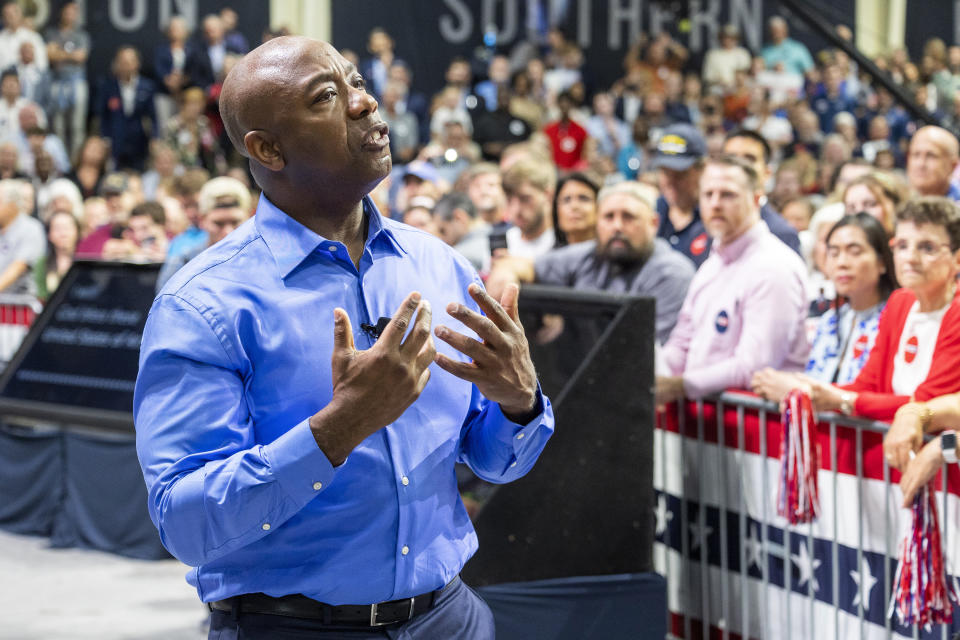 Republican presidential candidate Tim Scott delivers his speech announcing his candidacy for president of the United States on the campus of Charleston Southern University in North Charleston, S.C., Monday, May 22, 2023. (AP Photo/Mic Smith)