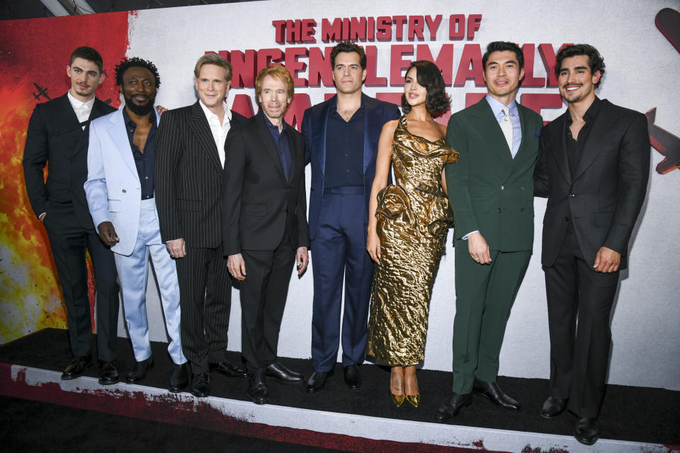 Hero Fiennes Tiffin, Babs Olusanmokun, Cary Elwes, Jerry Bruckheimer, Henry Cavill, Eiza González, Henry Golding and Henrique Zaga at the New York premiere of “The Ministry of Ungentlemanly Warfare” held at AMC Lincoln Square on April 15, 2024 in New York City.