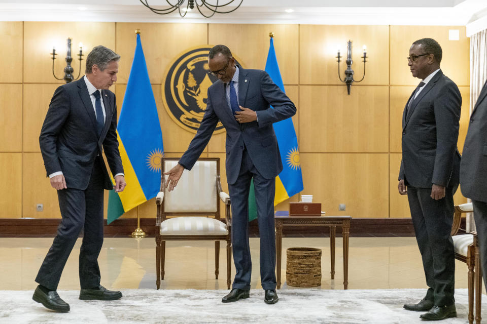 Secretary of State Antony Blinken, left, meets with Rwandan President Paul Kagame at the President's Office in Urugwiro Village in Kigali, Rwanda, Thursday, Aug. 11, 2022. Blinken is on a ten day trip to Cambodia, Philippines, South Africa, Congo, and Rwanda. Also pictured is Rwanda's Minister of Foreign Affairs Vincent Biruta, right. (AP Photo/Andrew Harnik, Pool)