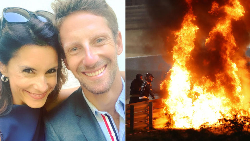 Romain Grosjean is pictured here with his wife and on the right is the fire from his Bahrain GP crash.