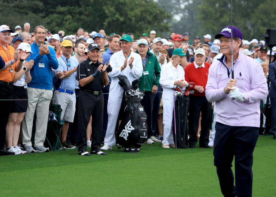 Gary Player (in black), Jack Nicklaus (in red) and Tom Watson (front) begin the 2023 Masters. (David Cannon/Getty Images)