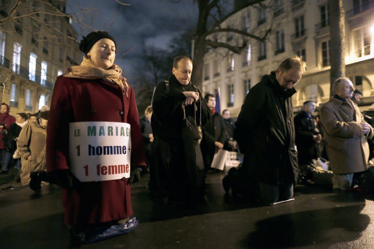 Members of Christian group Civitas Institute protest in Paris last week against same-sex marriage. Massive demonstrations across the country, many of which were mobilised by the Roman Catholic Church, have underlined that those who oppose gay marriage feel strongly about the issue