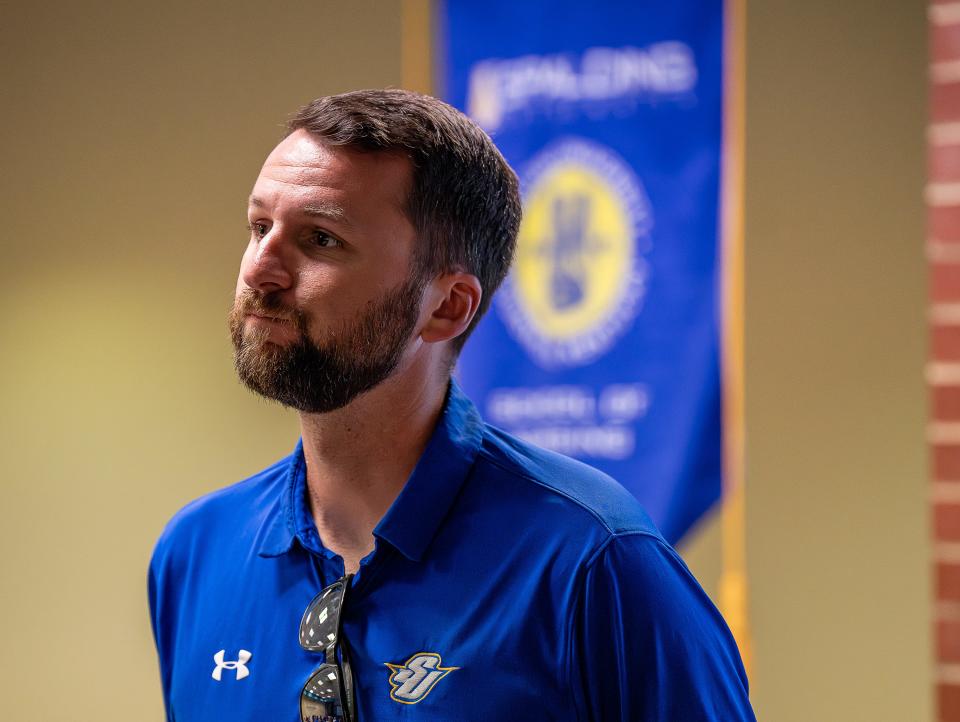 Spalding University head baseball coach Matt Downs listened as his team were chosen as the No. 1 seed in the Transylvania regional in the 2024 NCAA Division III baseball chapionship. May 13, 2024