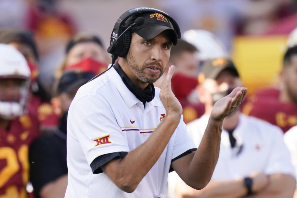 FILE - Iowa State head coach Matt Campbell reacts on the sideline during the second half of an NCAA college football game against Texas Tech in Ames, Iowa, in this Saturday, Oct. 10, 2020, file photo. The Cyclones, who at No. 8 have their highest ranking ever in The Associated Press poll, play No. 12 Oklahoma on Saturday at AT&T Stadium in Arlington, Texas. (AP Photo/Charlie Neibergall, File)