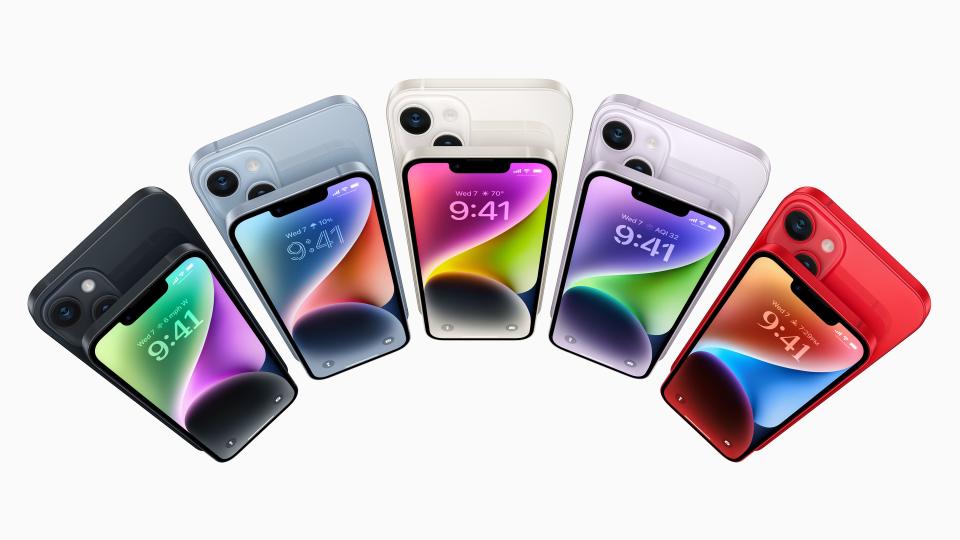 The iPhone 14 (starting at $799, available Sept. 16) and iPhone 14 Plus ($899, Oct. 7), the latest smartphones from Apple. will be available in midnight, blue, starlight, purple, and (PRODUCT)RED in 128GB, 256GB, and 512GB storage capacities.
